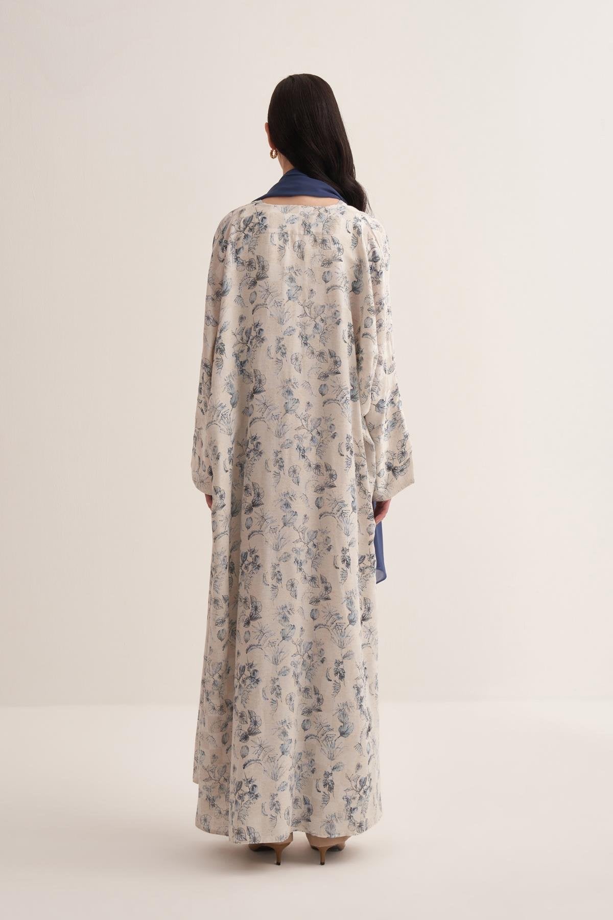 Linen Touch Blue Floral Patterned Abaya - sonafey