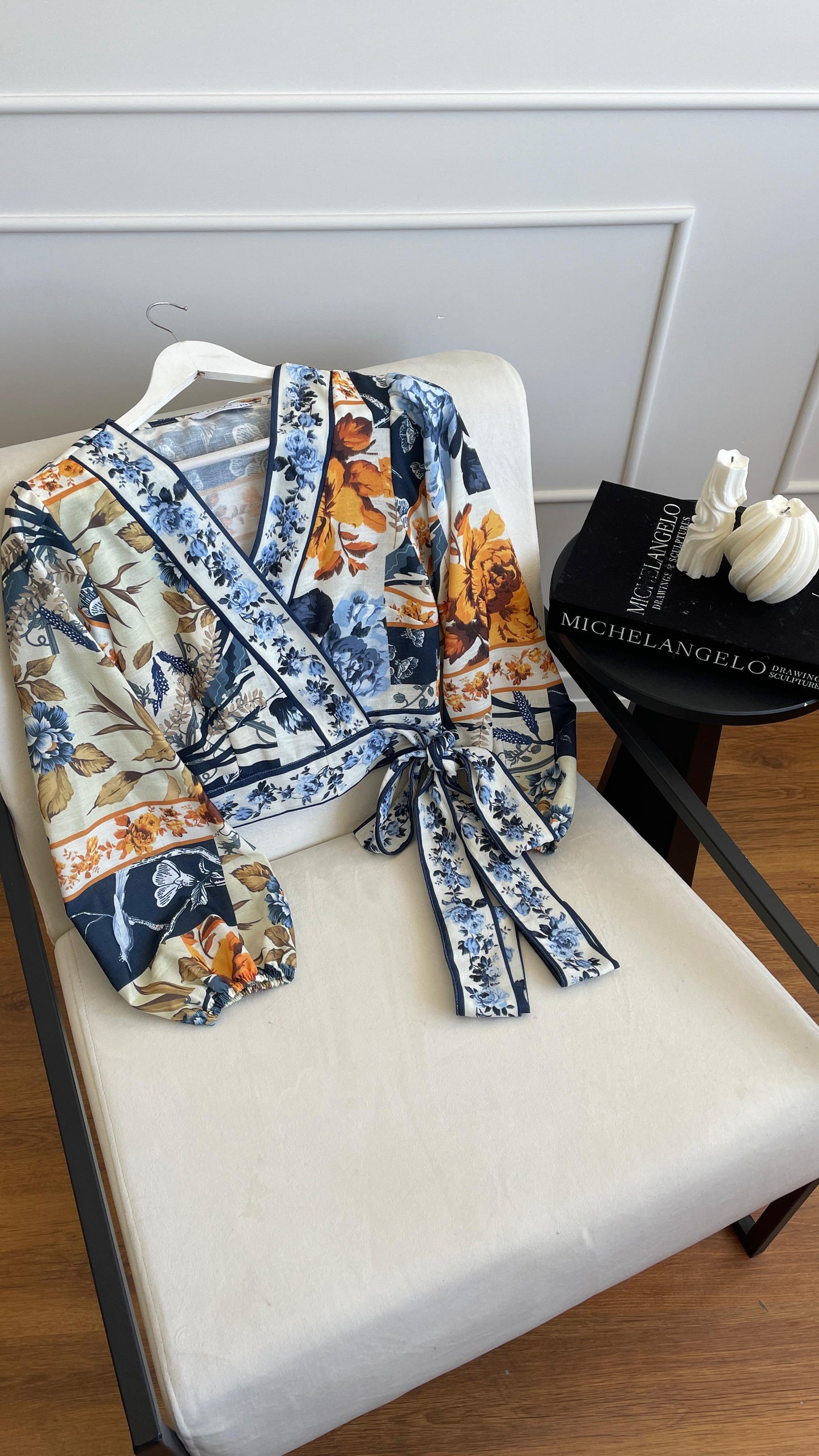Navy Blue Tropical Print Kimono & Skirt Set