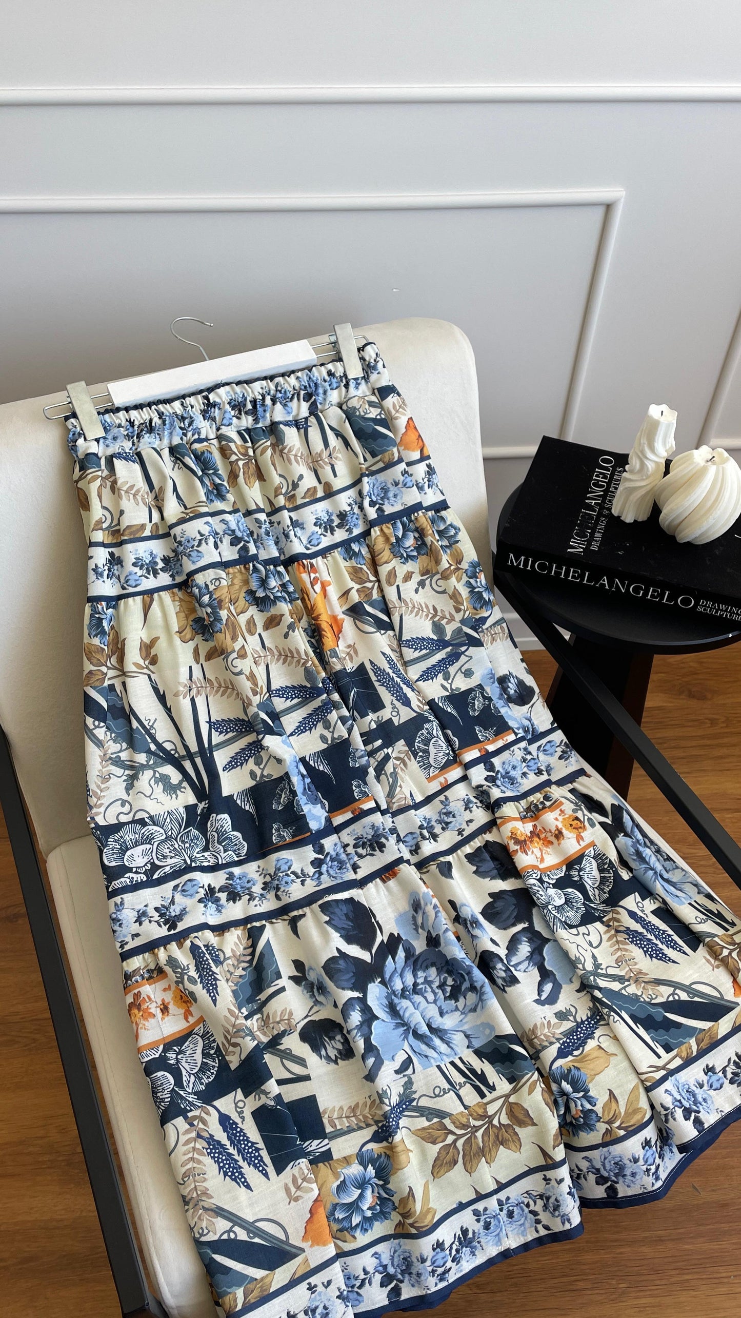 Navy Blue Tropical Print Kimono & Skirt Set