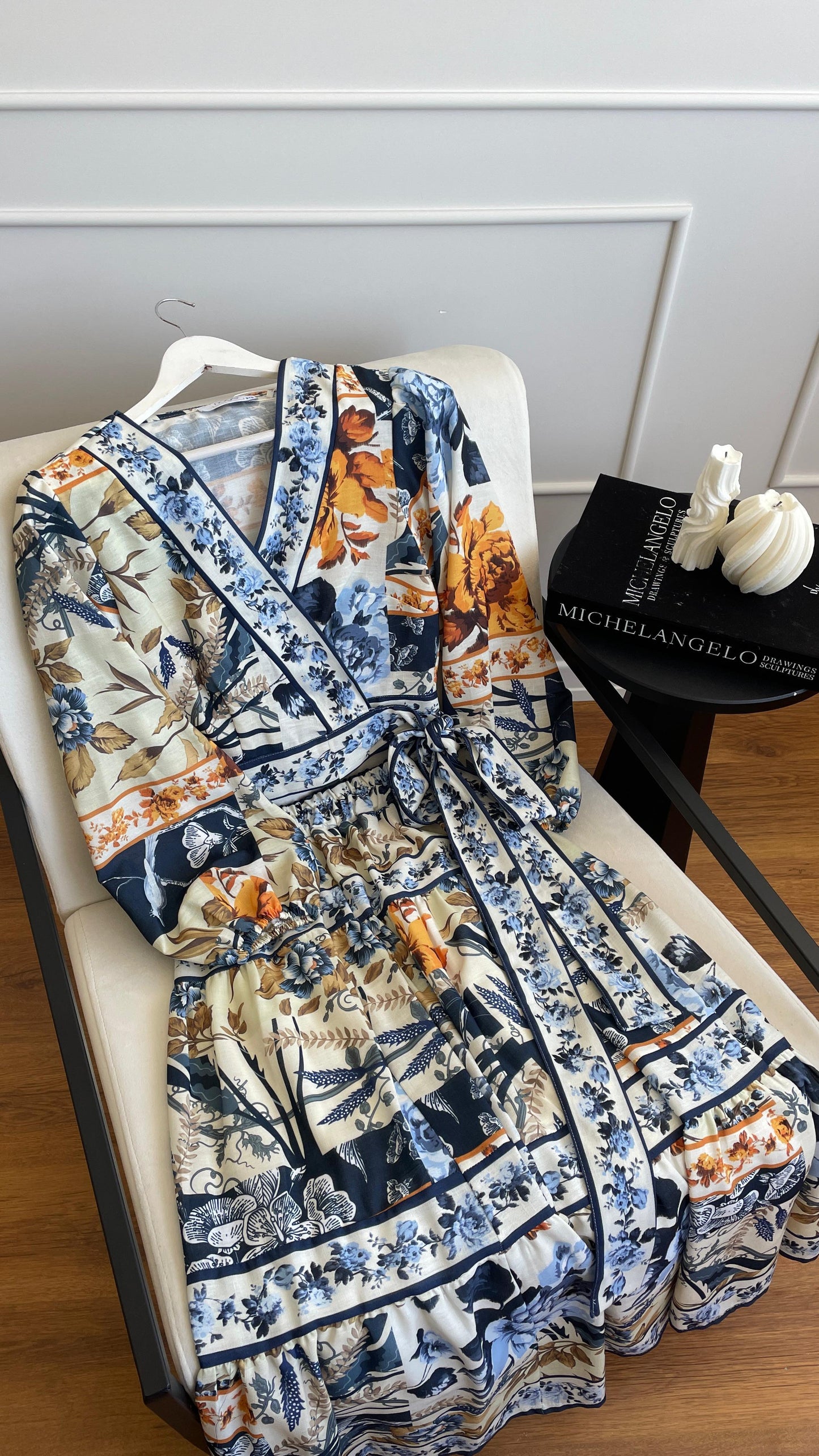 Navy Blue Tropical Print Kimono & Skirt Set