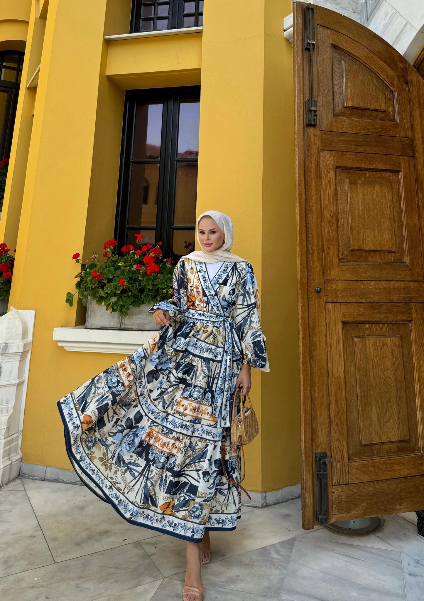 Navy Blue Tropical Print Kimono & Skirt Set