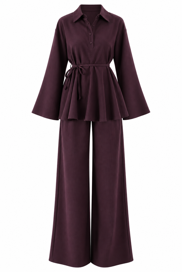 Larissa Ruffle Blouse & Trouser Set - Plum