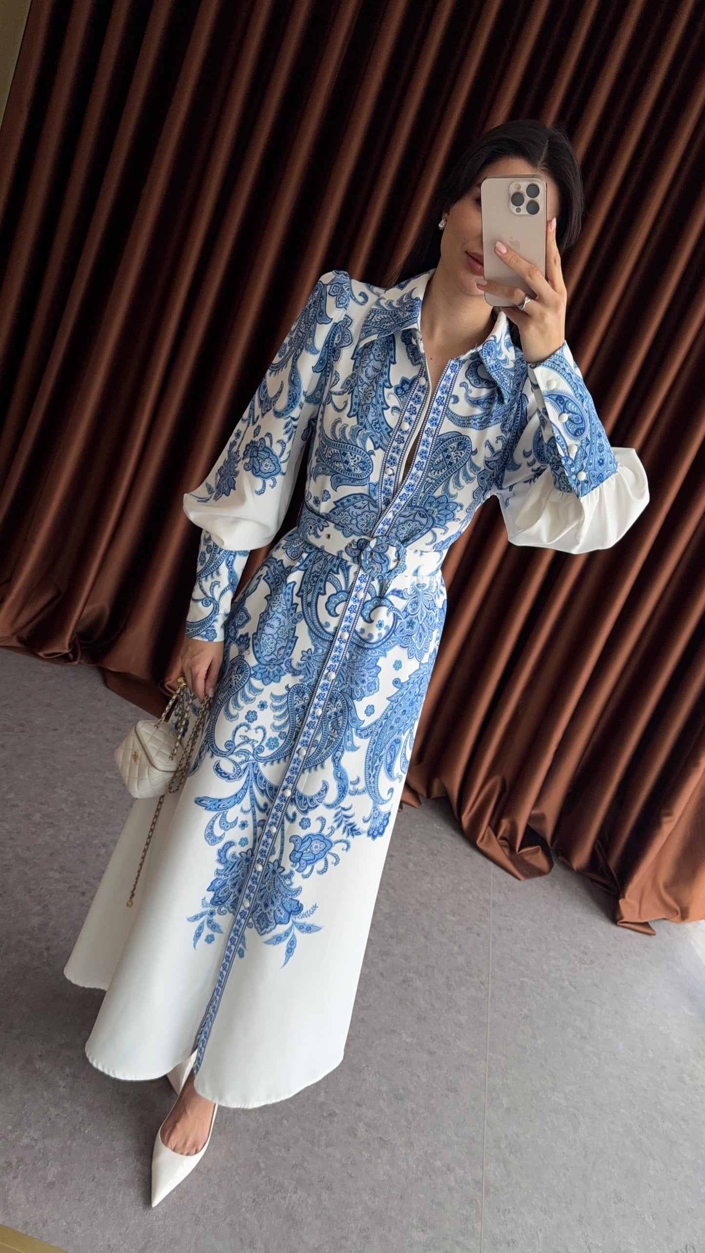 Chic Blue Scarf Pattern Maxi Dress