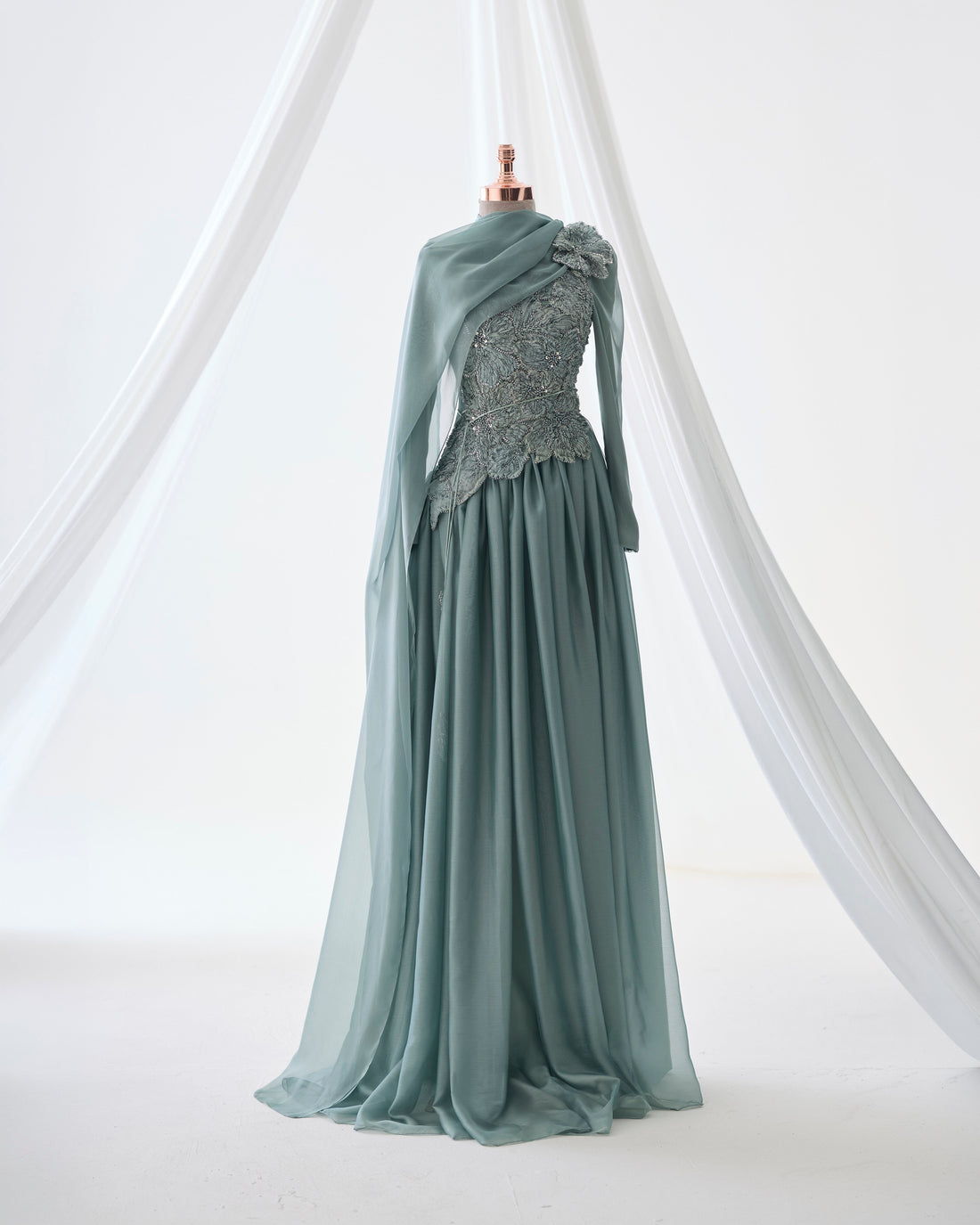 Maya Sage 3D Floral Evening Dress –Formal Gown