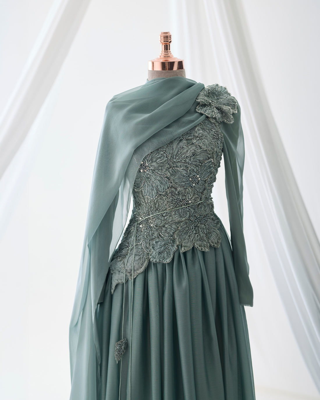 Maya Sage 3D Floral Evening Dress –Formal Gown