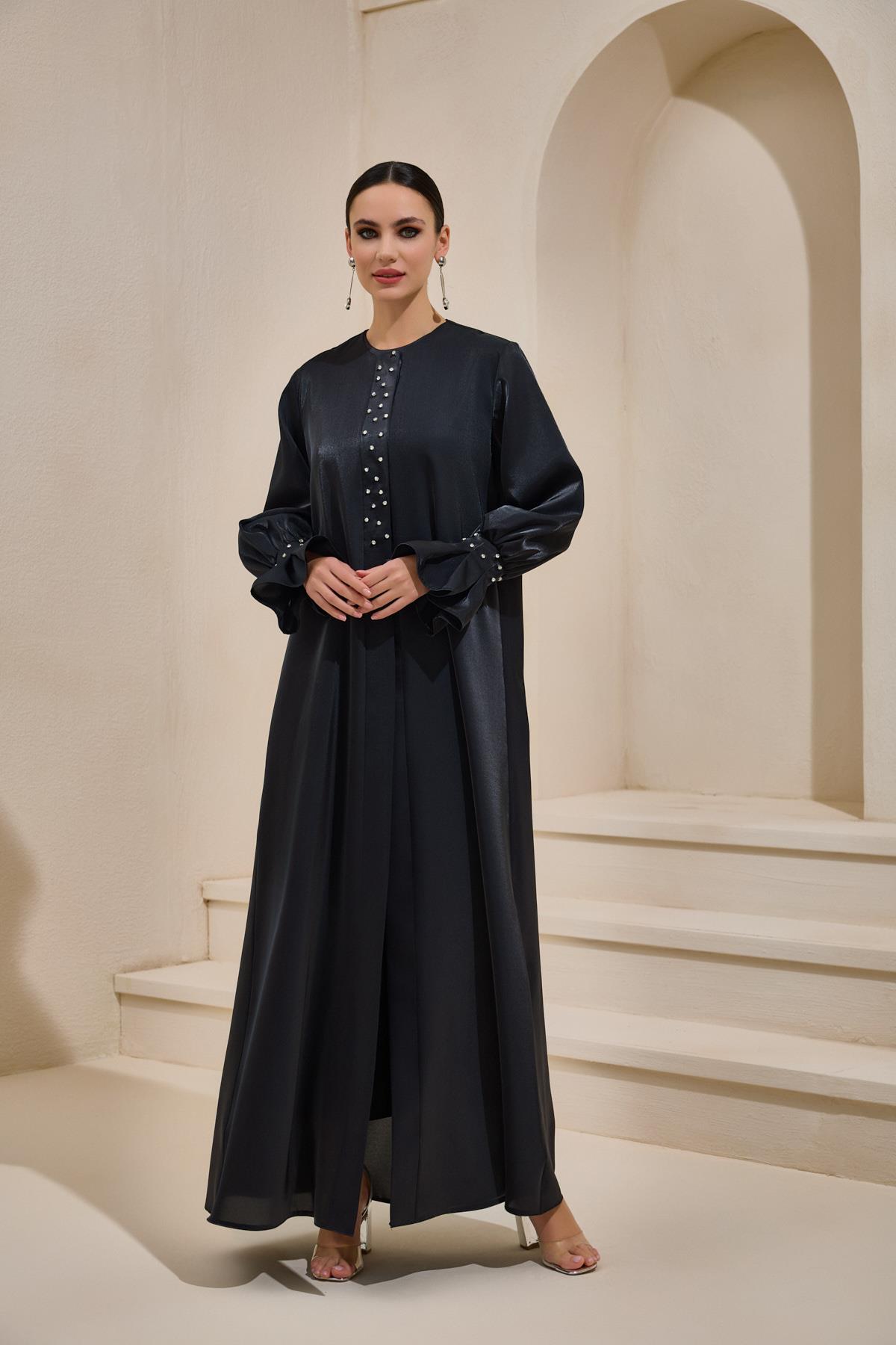 Organza Black Satin Crystal Abaya - sonafey