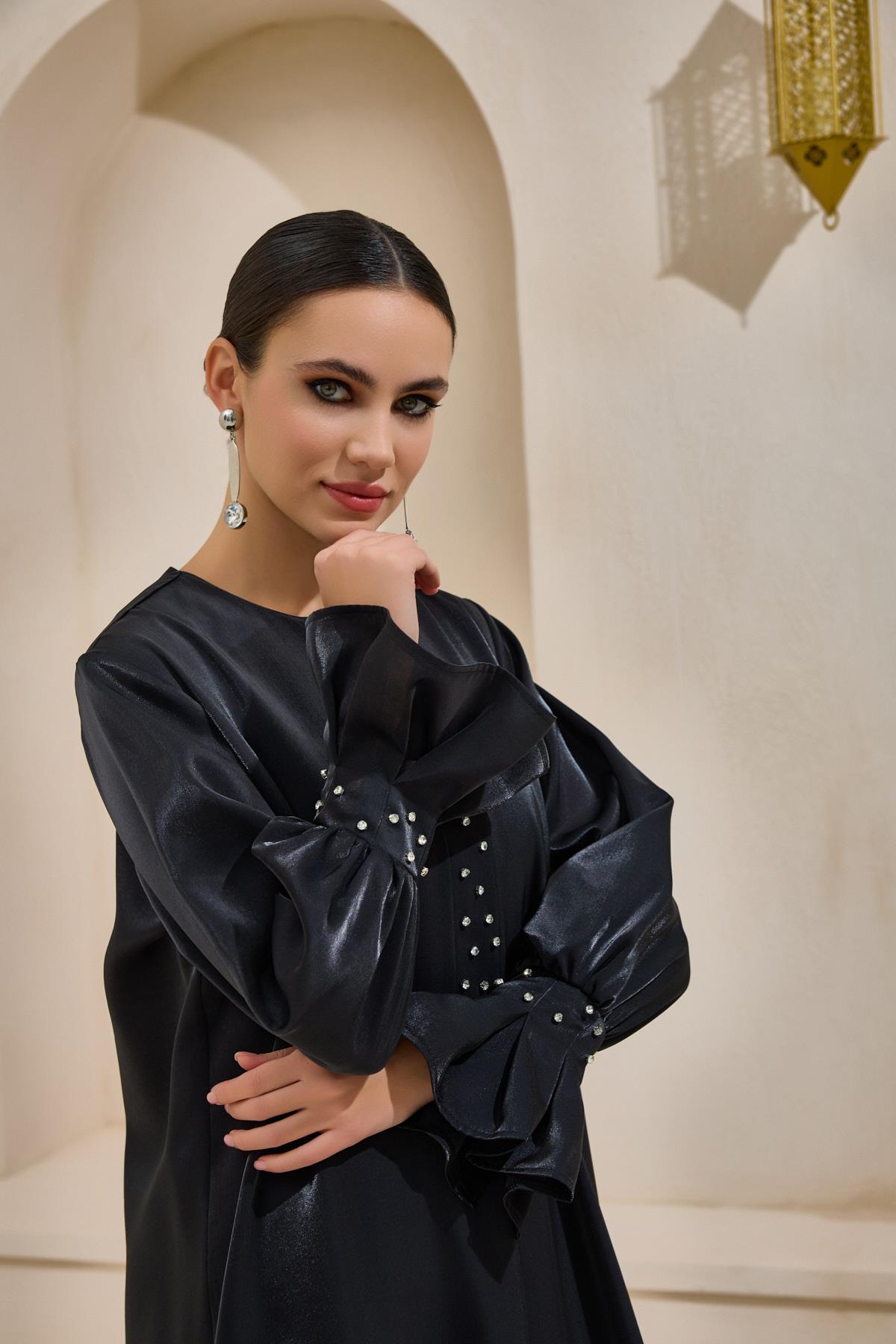 Organza Black Satin Crystal Abaya - sonafey