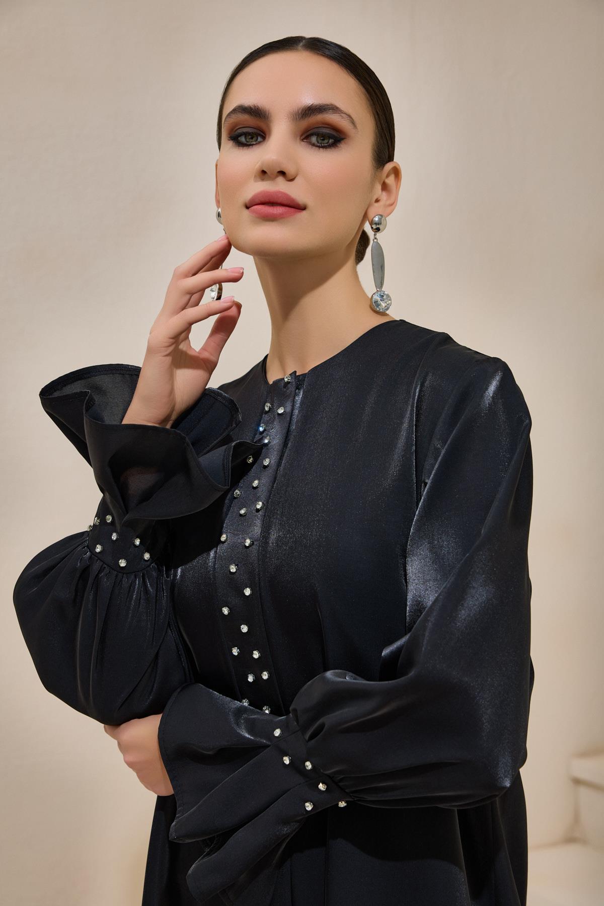 Organza Black Satin Crystal Abaya - sonafey