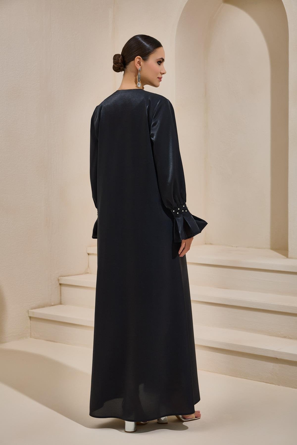 Organza Black Satin Crystal Abaya - sonafey