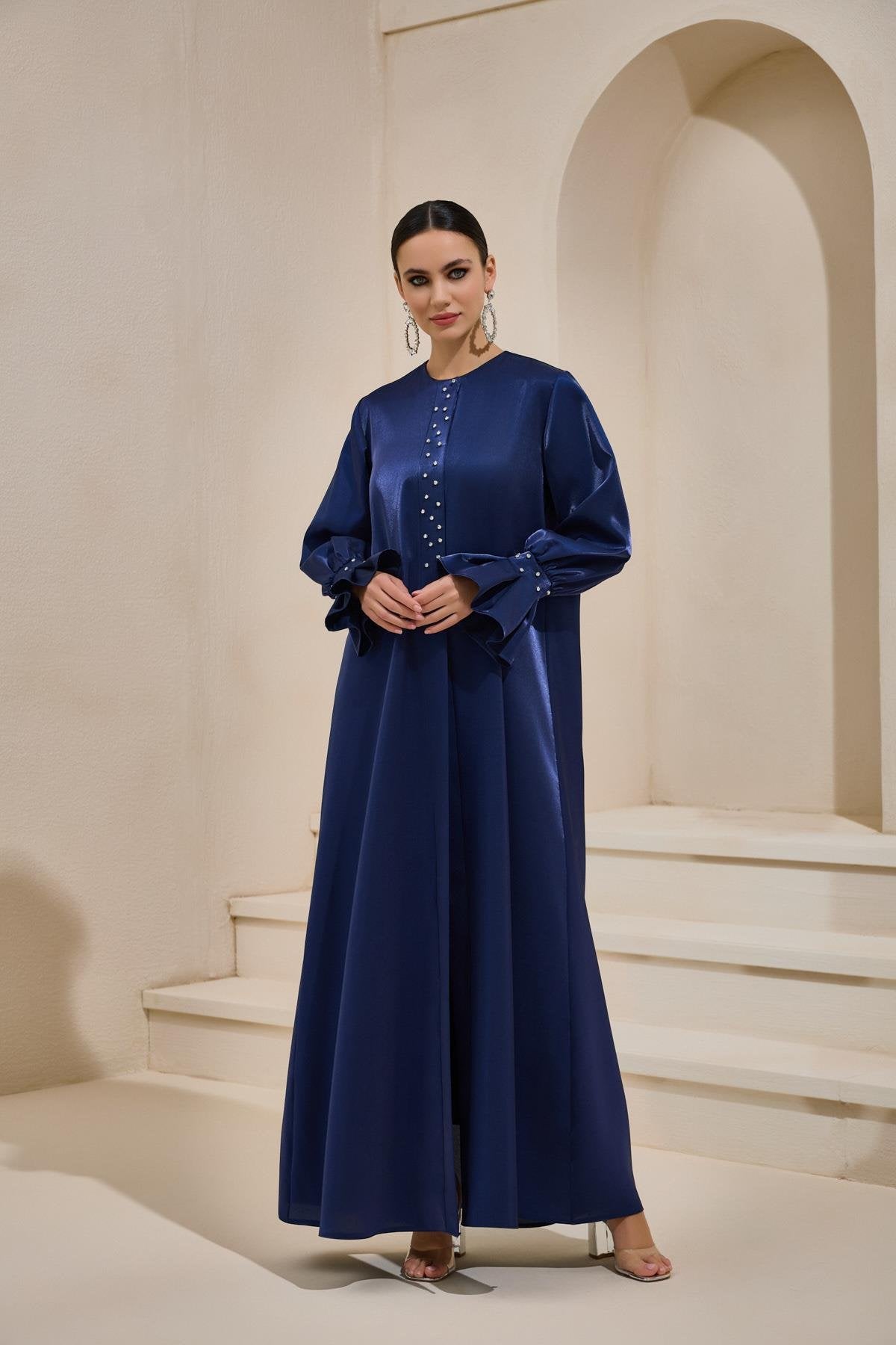 Organza Navy Satin Crystal Abaya - sonafey