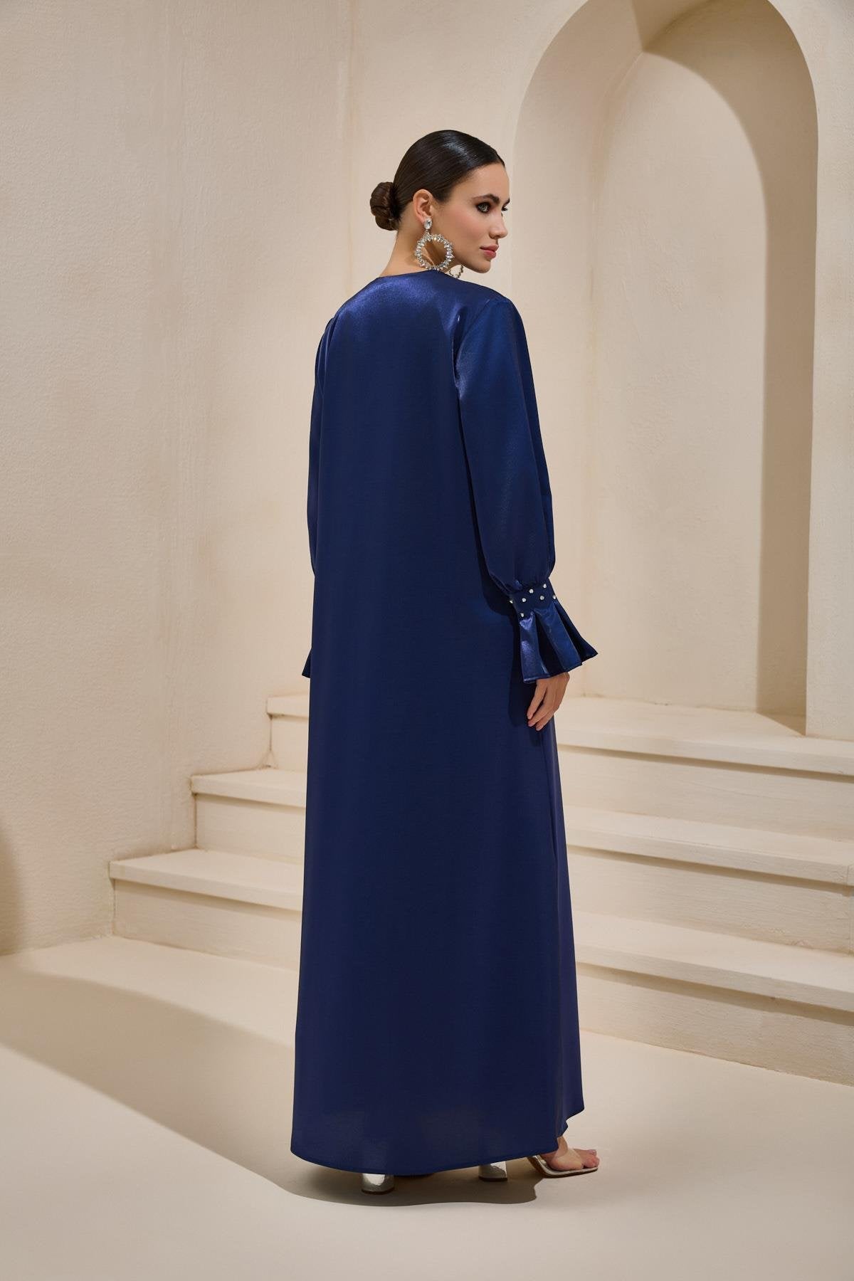 Organza Navy Satin Crystal Abaya - sonafey