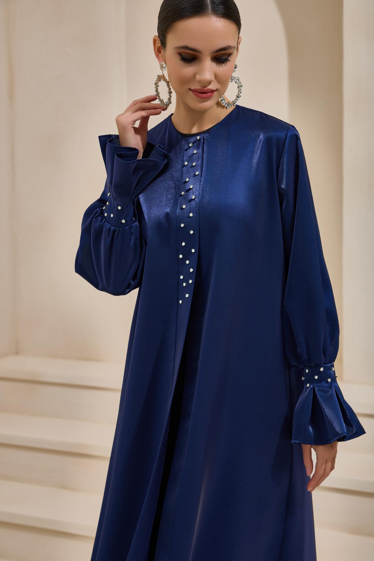 Organza Navy Satin Crystal Abaya - sonafey