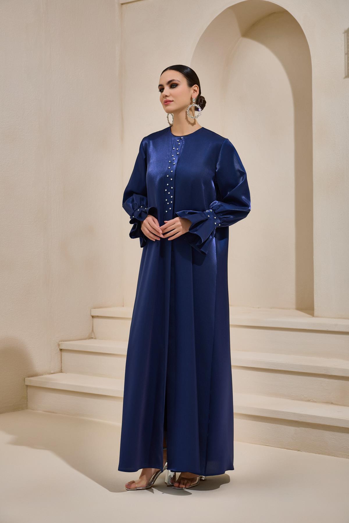 Organza Navy Satin Crystal Abaya - sonafey