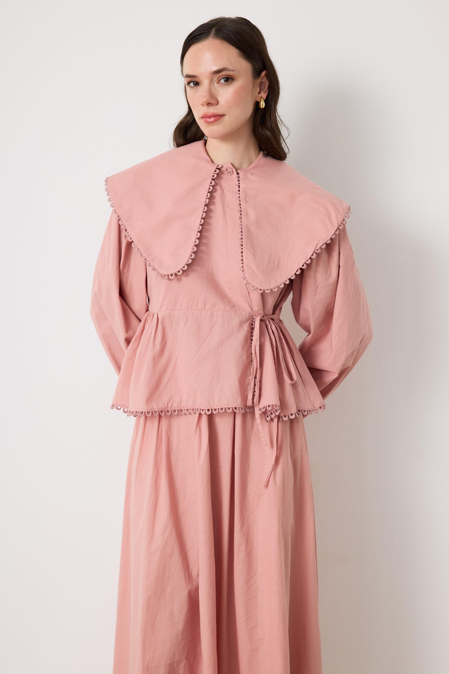 Cotton Linen-Blend 2-Piece Lace Detailed Front-Tie Skirt Set in Rose Pink