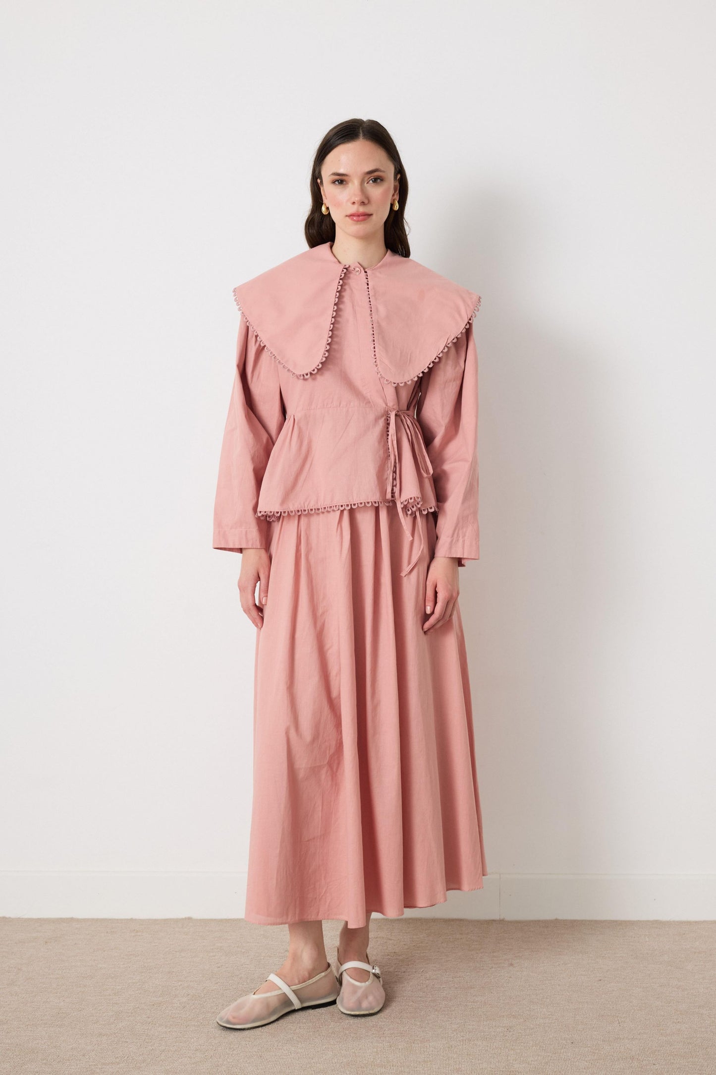 Cotton Linen-Blend 2-Piece Lace Detailed Front-Tie Skirt Set in Rose Pink