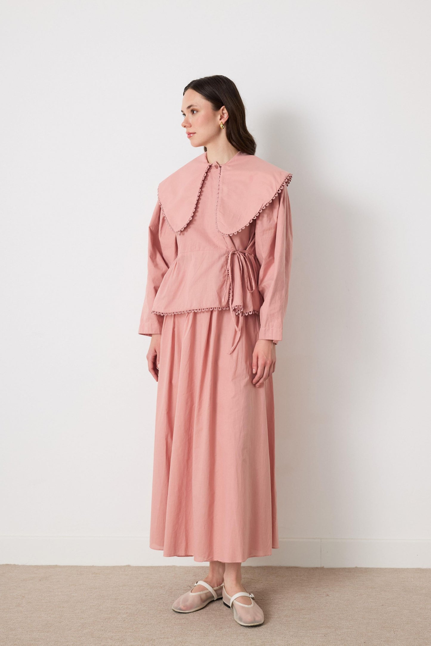 Cotton Linen-Blend 2-Piece Lace Detailed Front-Tie Skirt Set in Rose Pink