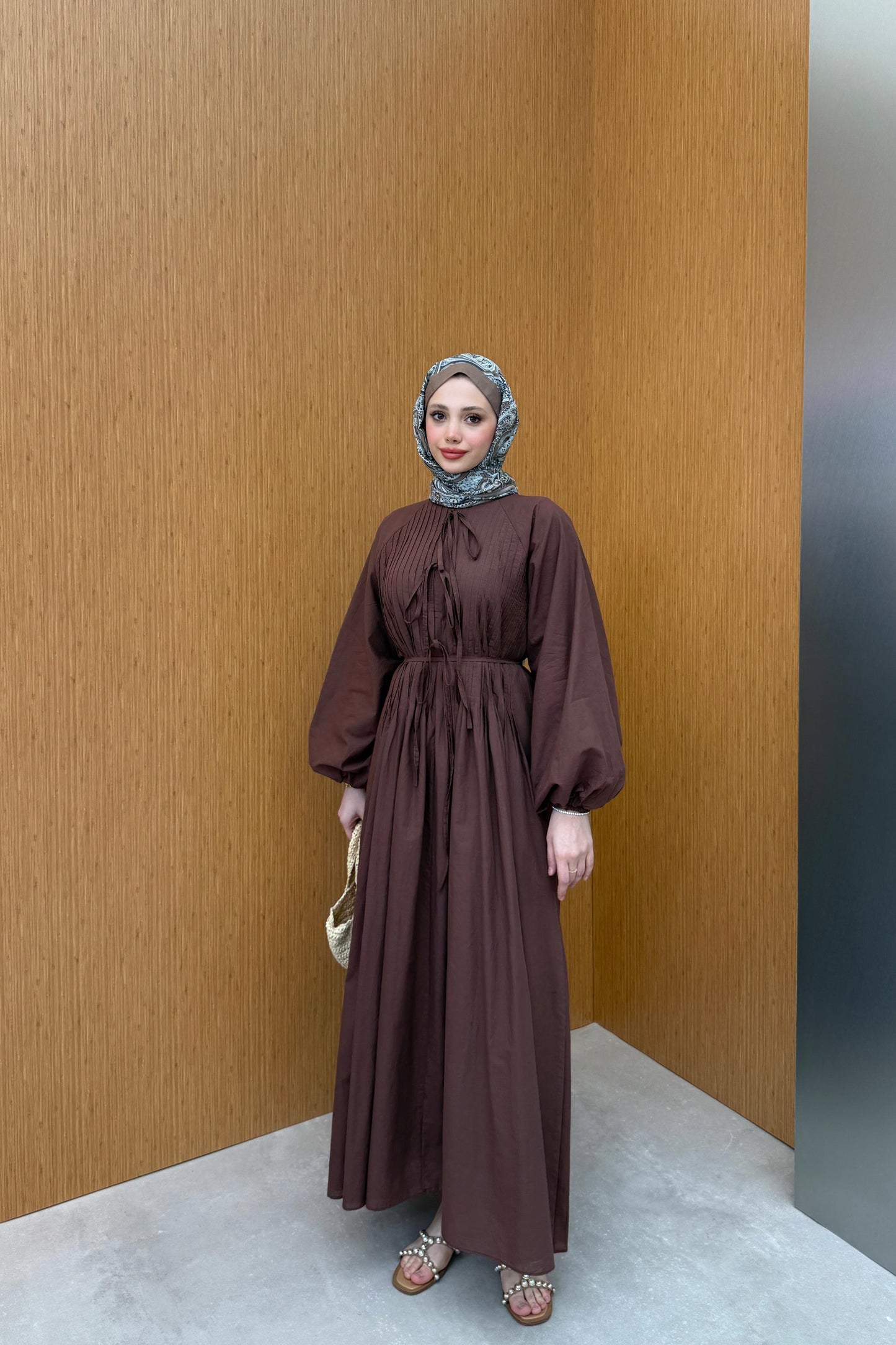 Tie Waist Linen Dress in Brown