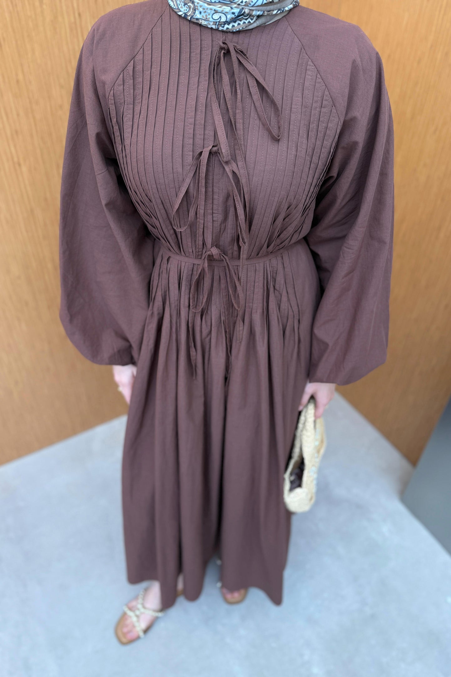 Tie Waist Linen Dress in Brown