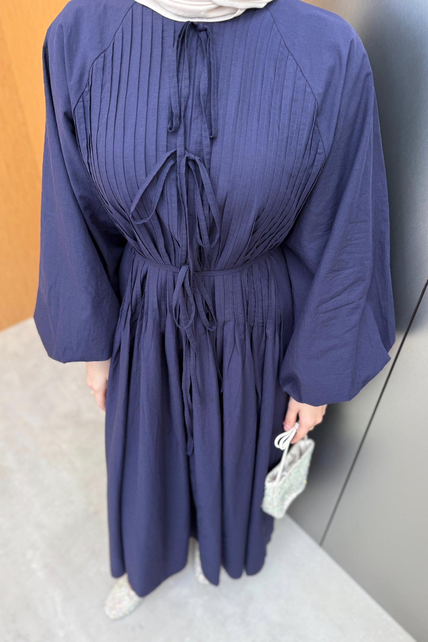 Tie Waist Linen Dress in Navy Blue