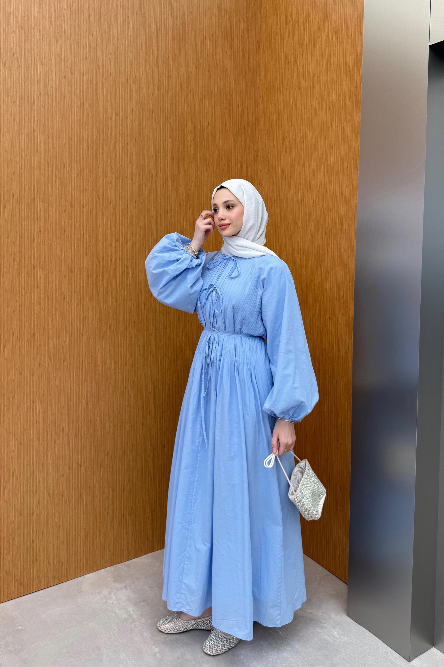 Tie Waist Linen Dress in Baby Blue