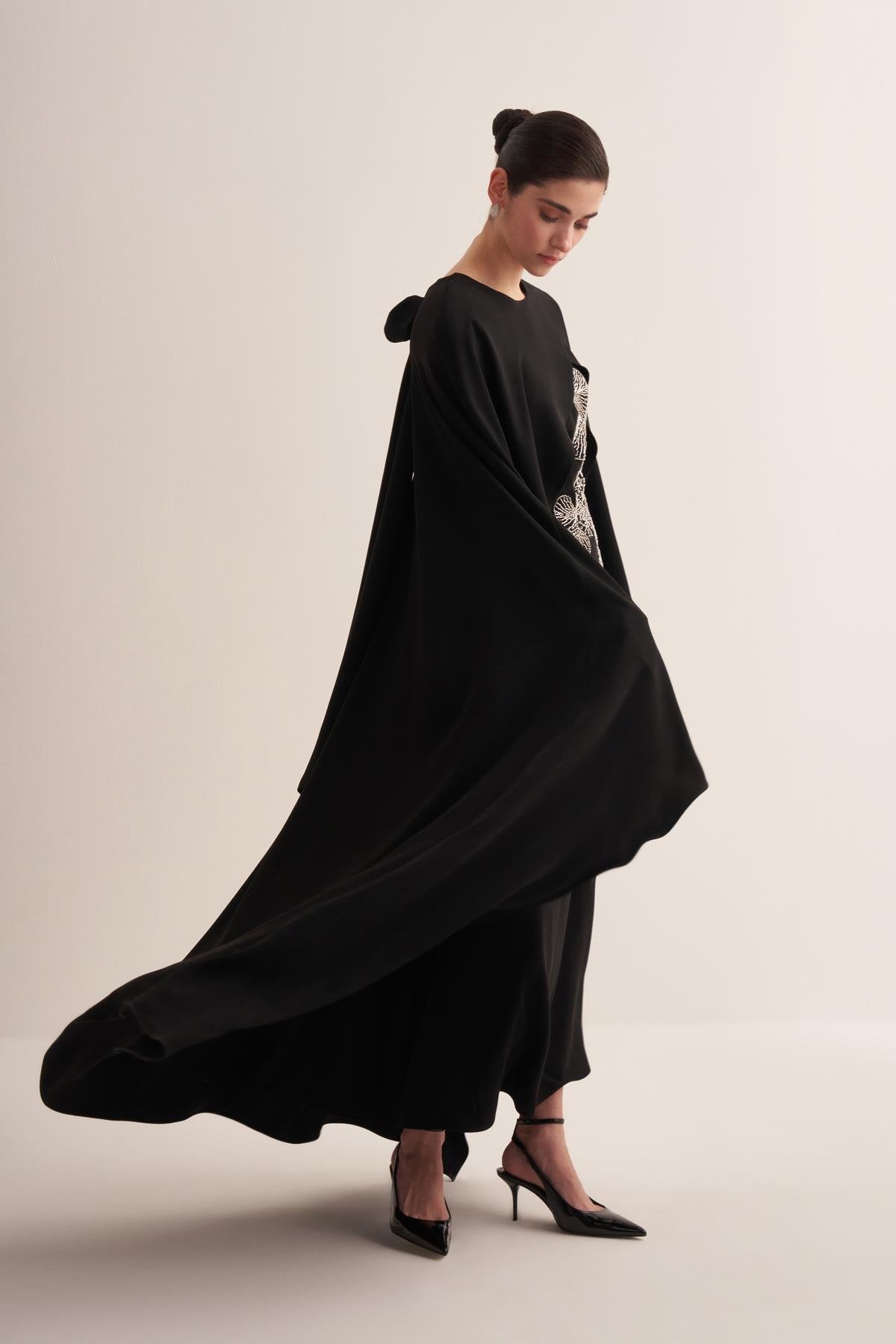 Embroidered Black Cape Evening Gown