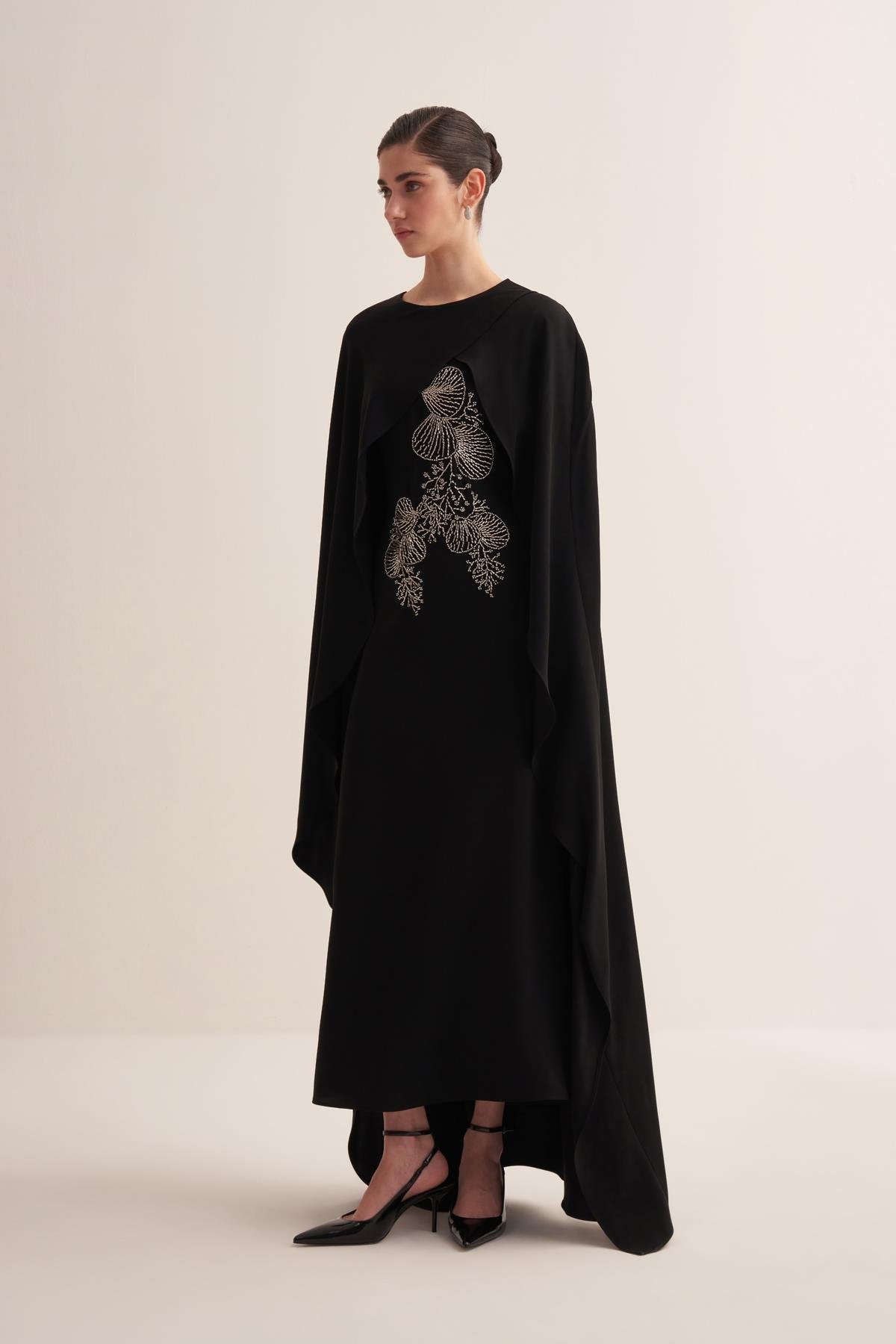Embroidered Black Cape Evening Gown