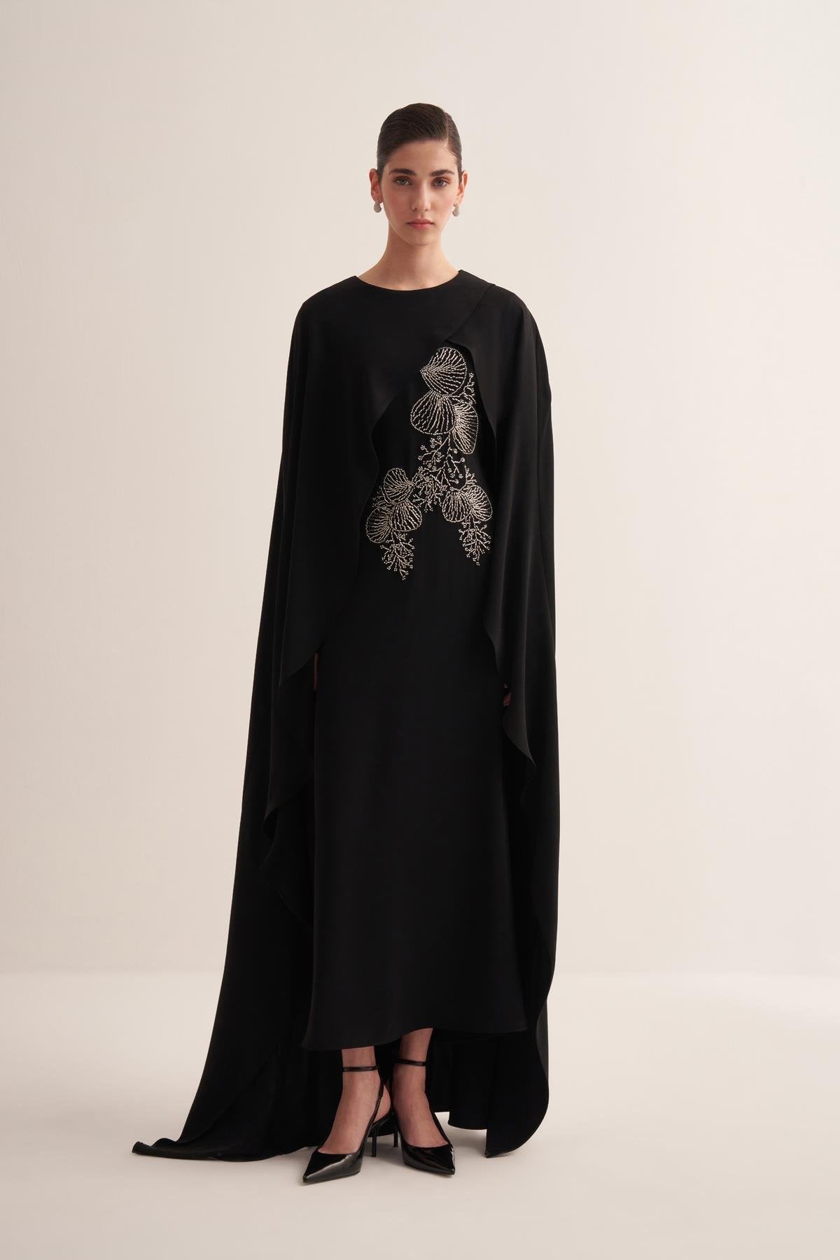 Embroidered Black Cape Evening Gown