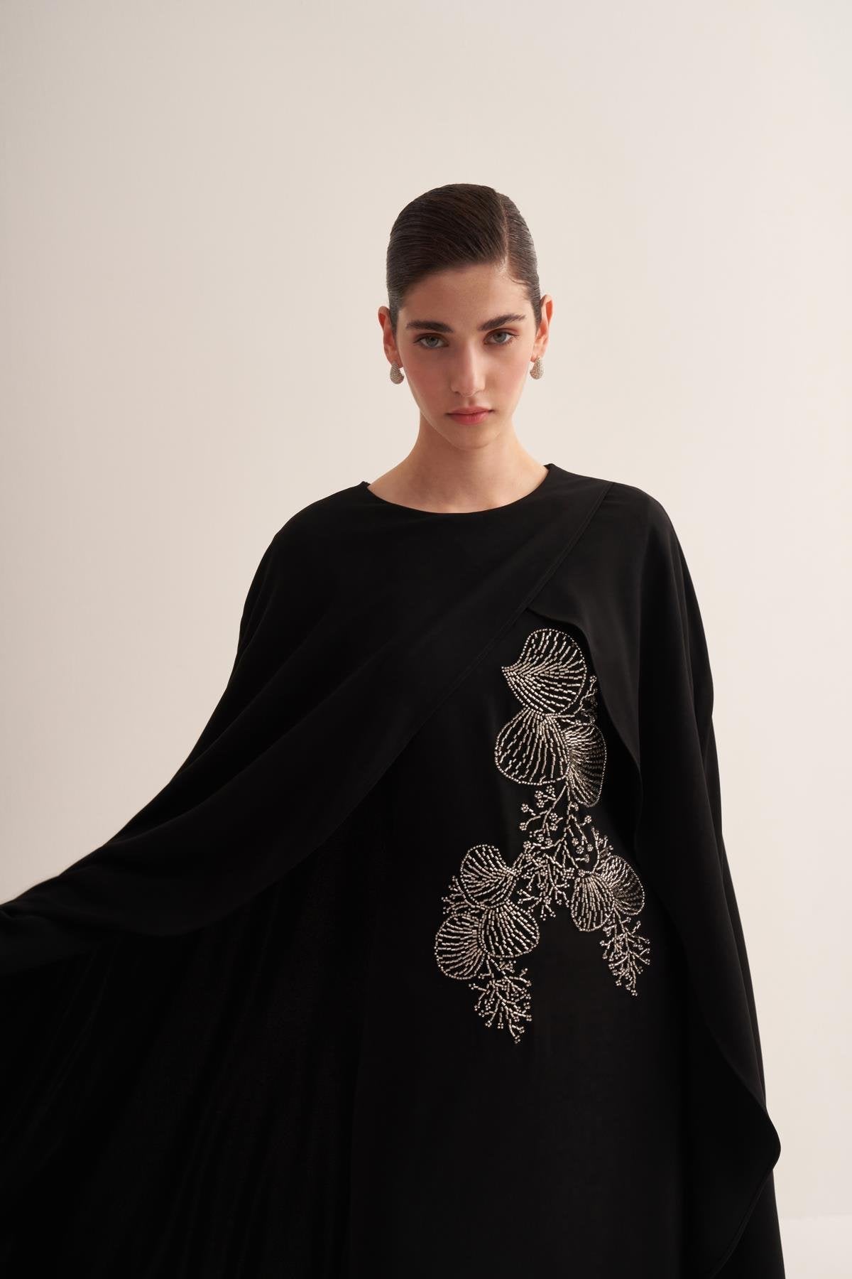 Embroidered Black Cape Evening Gown