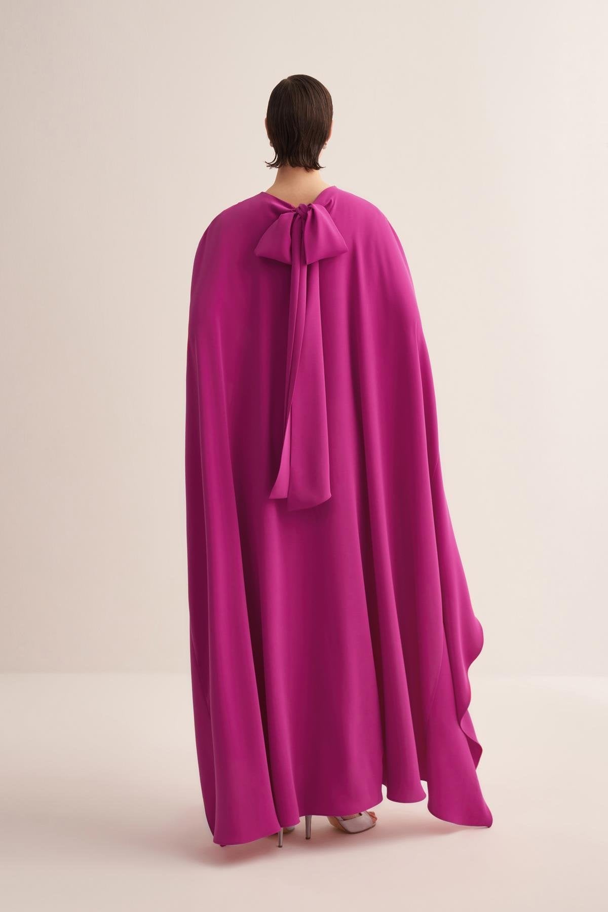 Embroidered Fuschia Cape Evening Gown