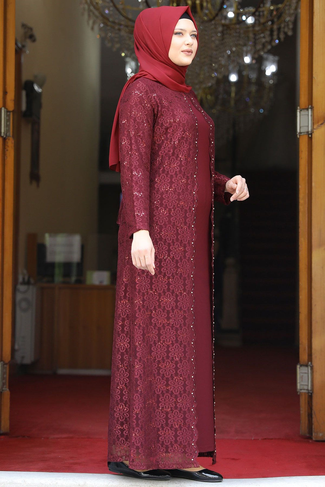 Papatya Modest Evening Dress - Burgundy