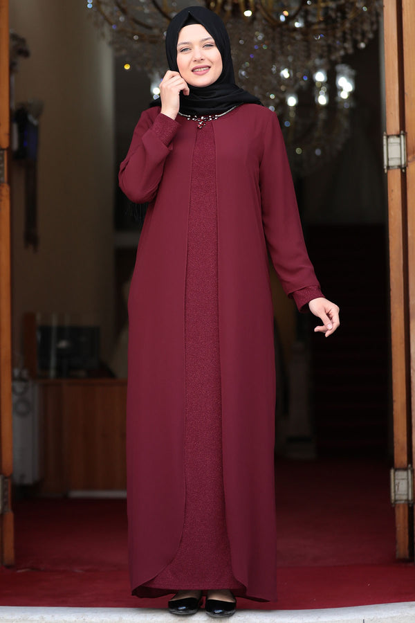 Parıltı Modest Evening Dress - Burgundy