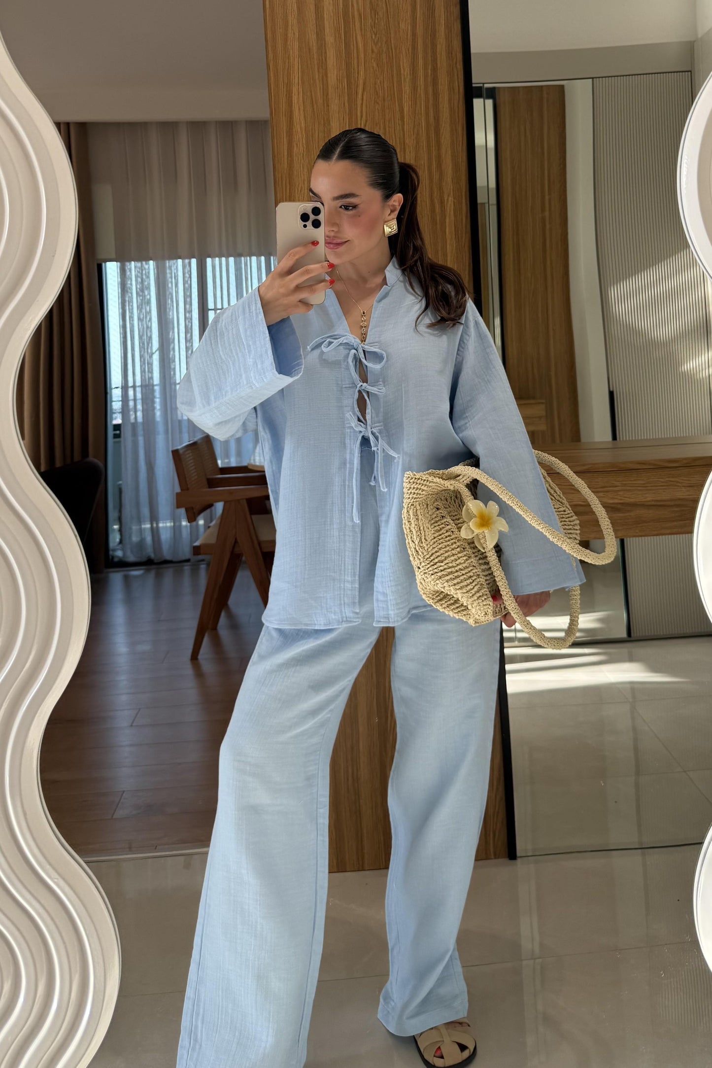100% Cotton Front-Tie Kimono & Pants Muslin Set – Blue