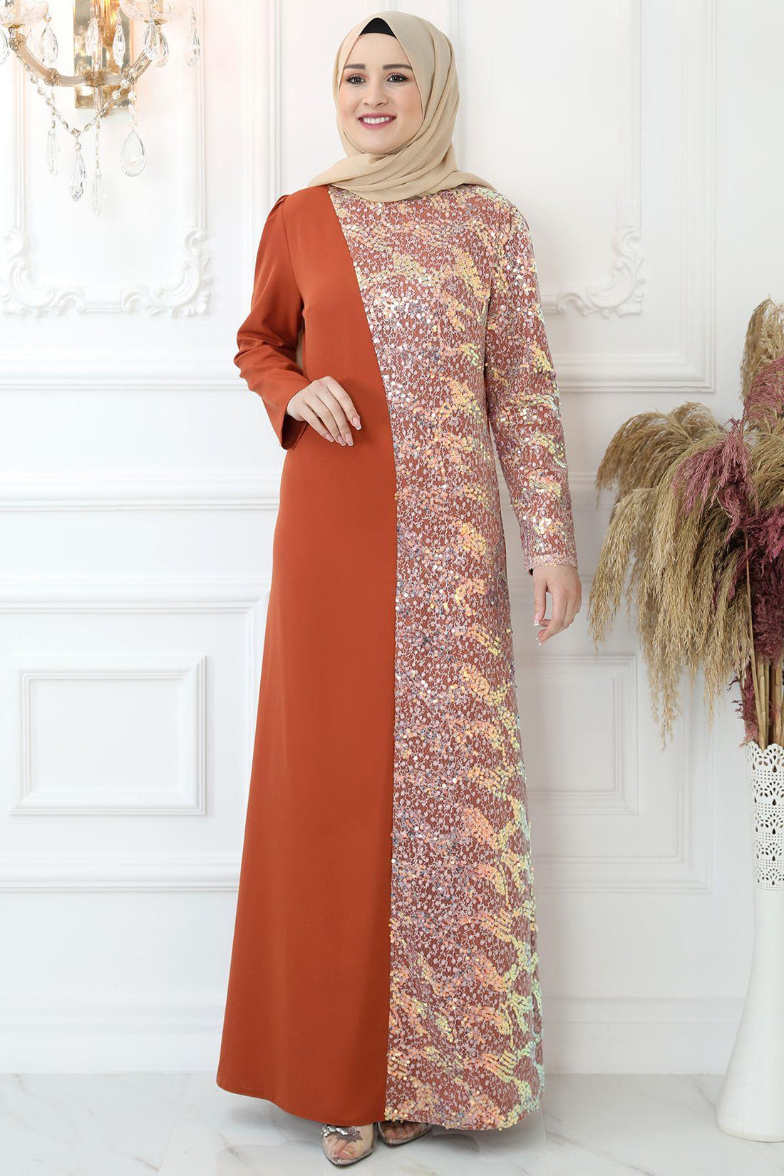 Pul Payetli Modest Evening Dress - Terracotta