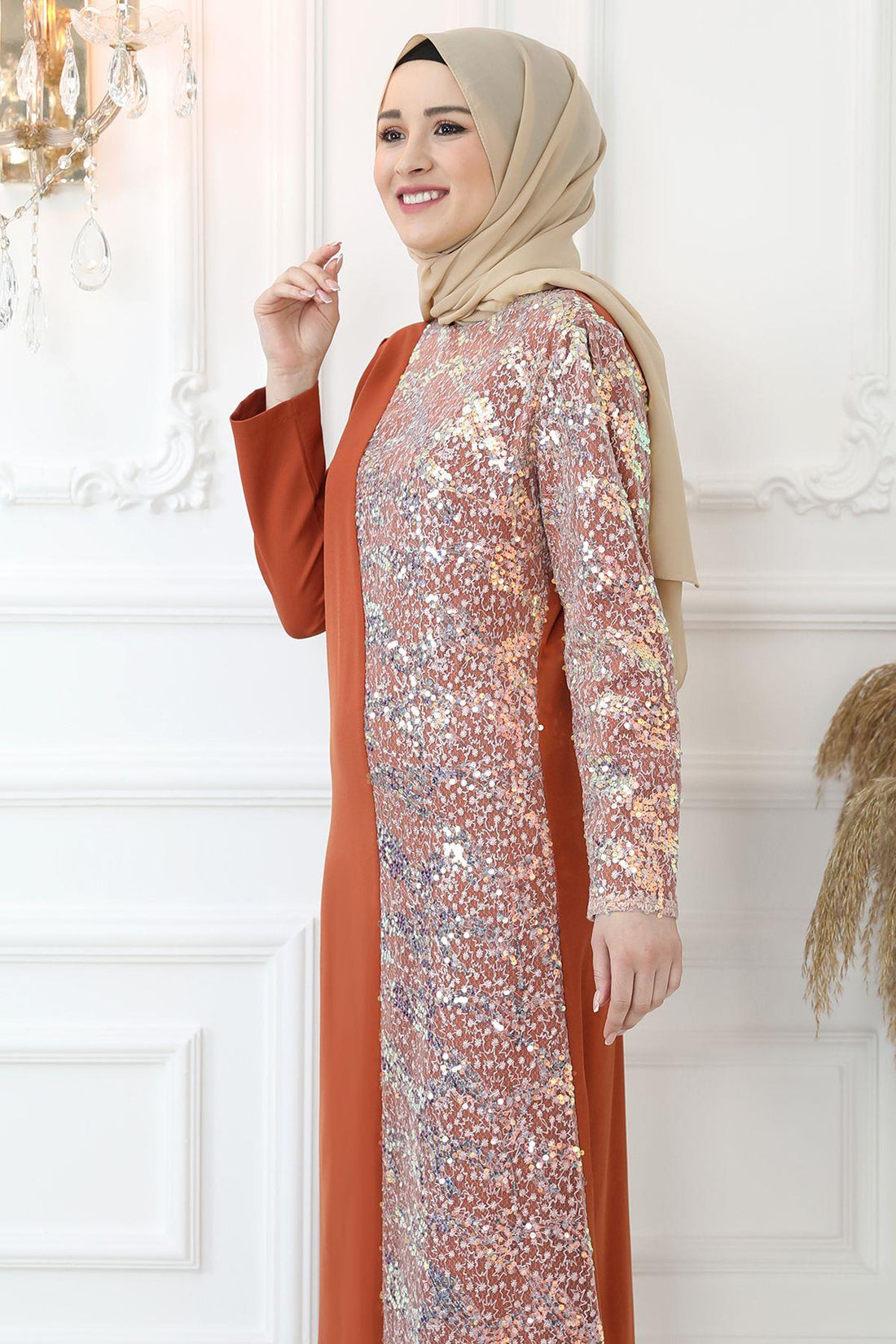 Pul Payetli Modest Evening Dress - Terracotta
