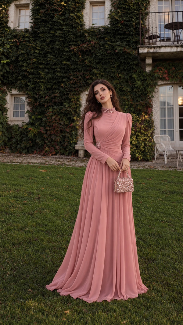 Rosie draped modest chiffon gown in Dusty Pink, full length