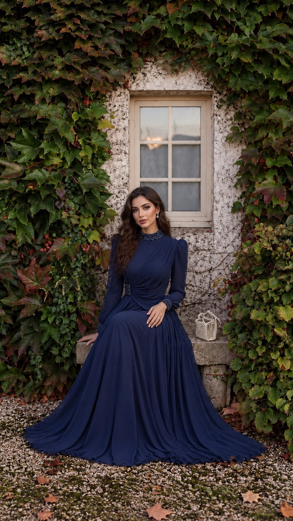 Rosie draped modest chiffon gown in Navy Blue, full length