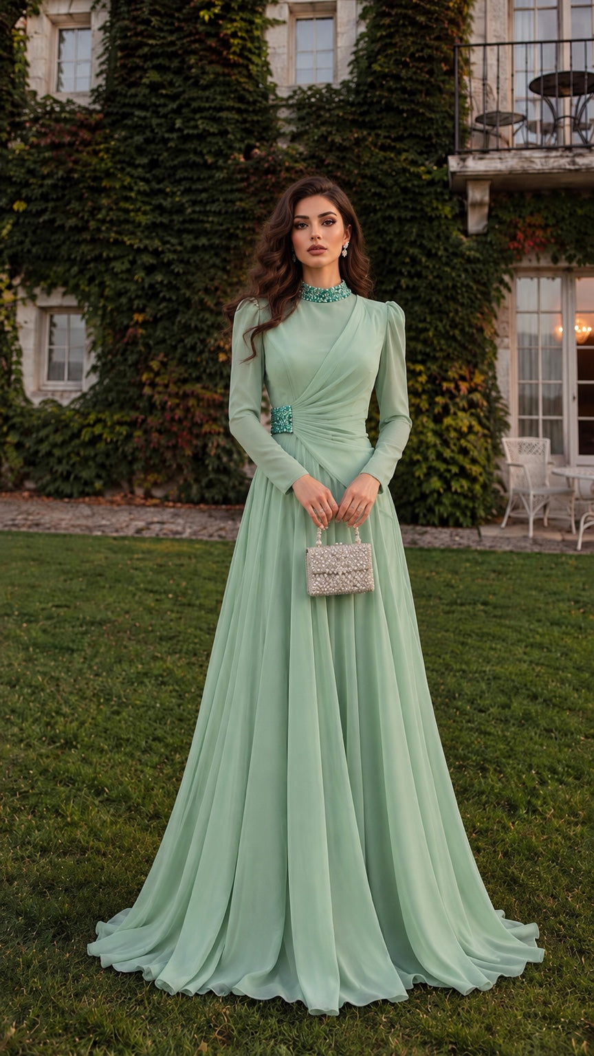 Rosie draped modest chiffon gown in Sage Green, full length