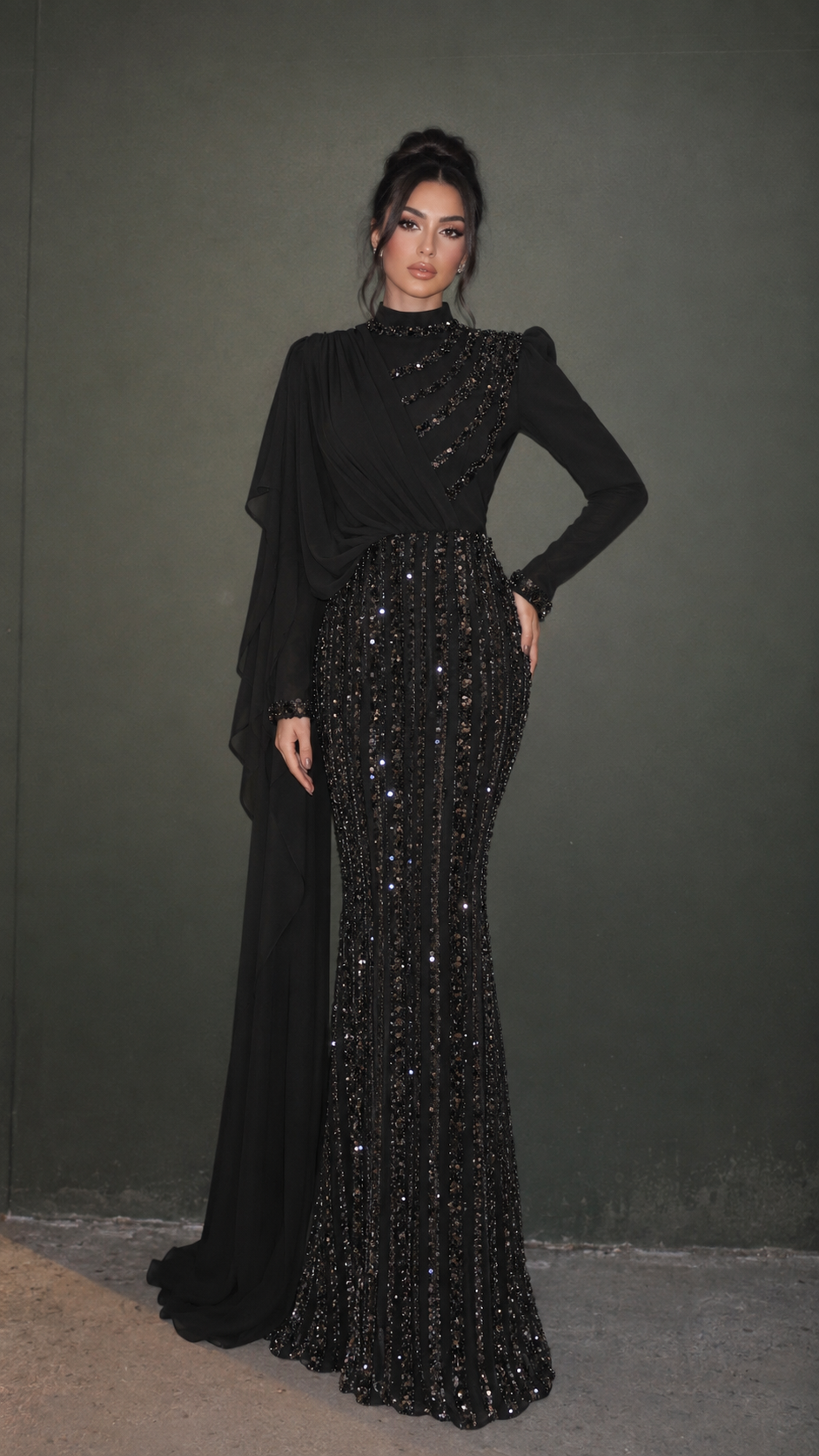 Scheherazade Couture Evening Dress, Black / Black – full length editorial photograph