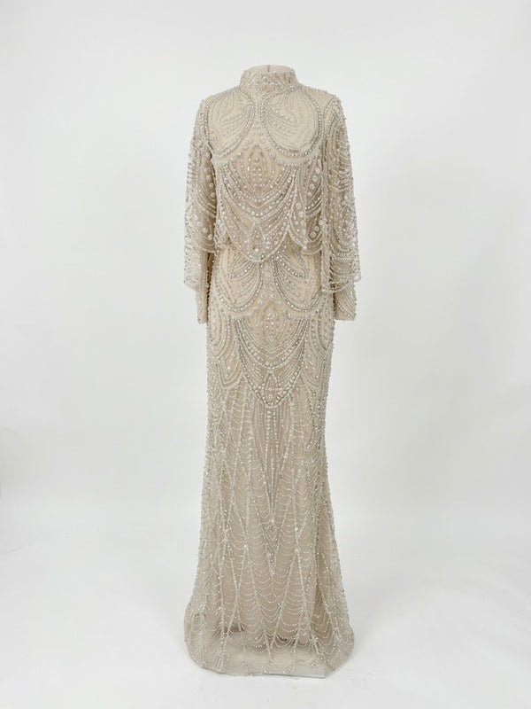 Diamond Beaded Modest Evening Dress - Cream