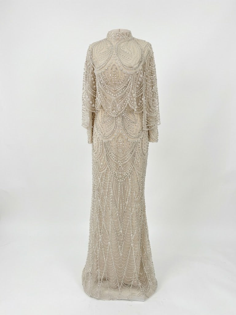 Diamond Beaded Modest Evening Dress - Cream