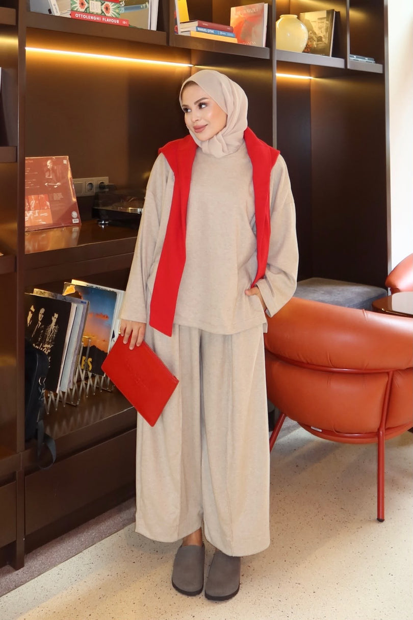 Three-piece knit cardigan top and pants set Beige – relaxed