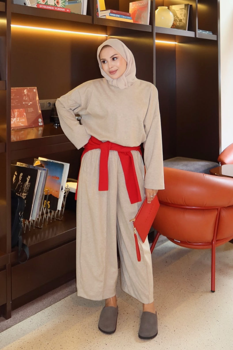 Three-piece knit cardigan top and pants set Beige – without-cardigan