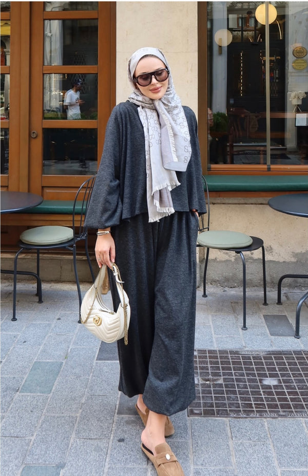 Charcoal relaxed harem pants and long sleeve co ord set front