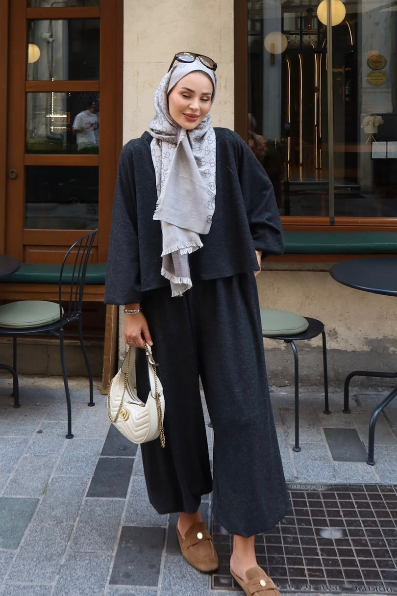 Charcoal relaxed harem pants and long sleeve co ord set portrait