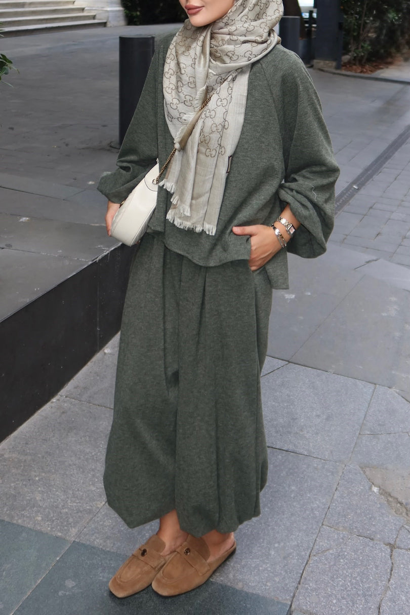 Khaki relaxed harem pants and long sleeve co ord set detail