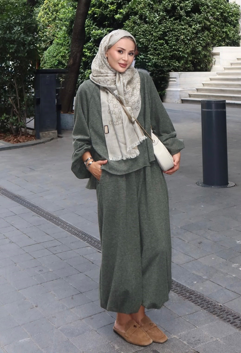 Khaki relaxed harem pants and long sleeve co ord set standing