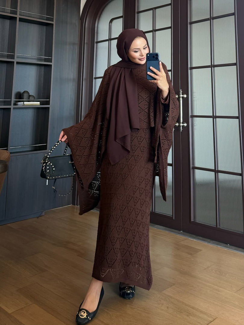 Brown openwork knit poncho and maxi skirt three piece set – side