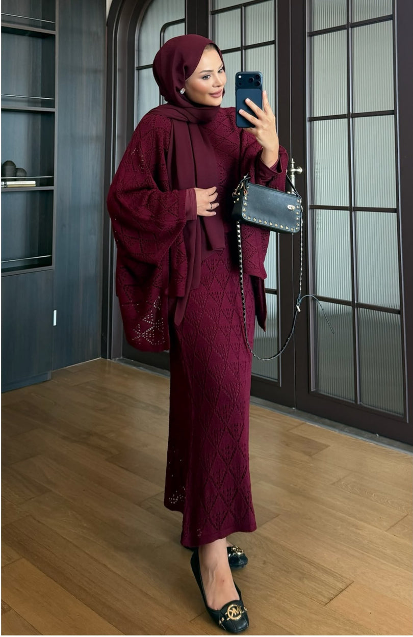 Burgundy openwork knit poncho and maxi skirt three piece set – front