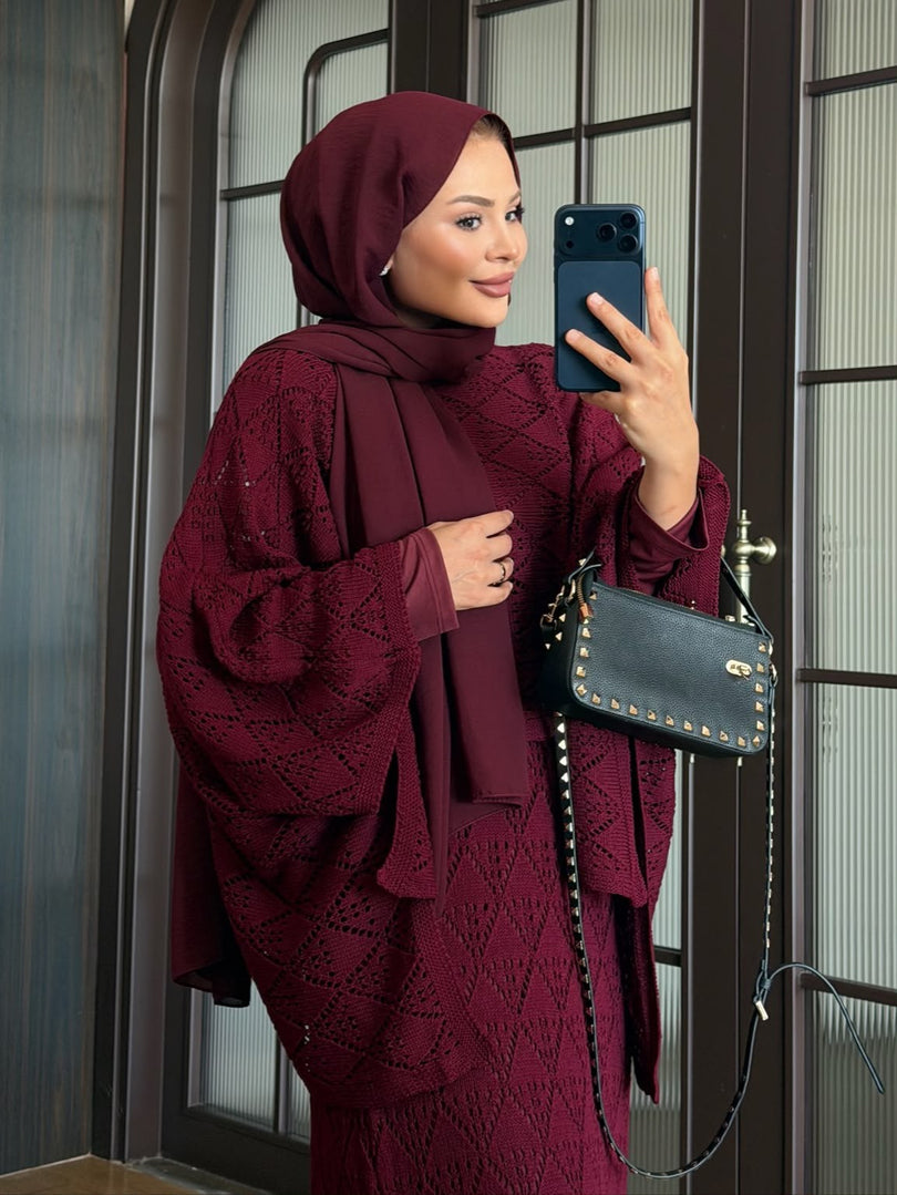 Burgundy openwork knit poncho and maxi skirt three piece set – portrait