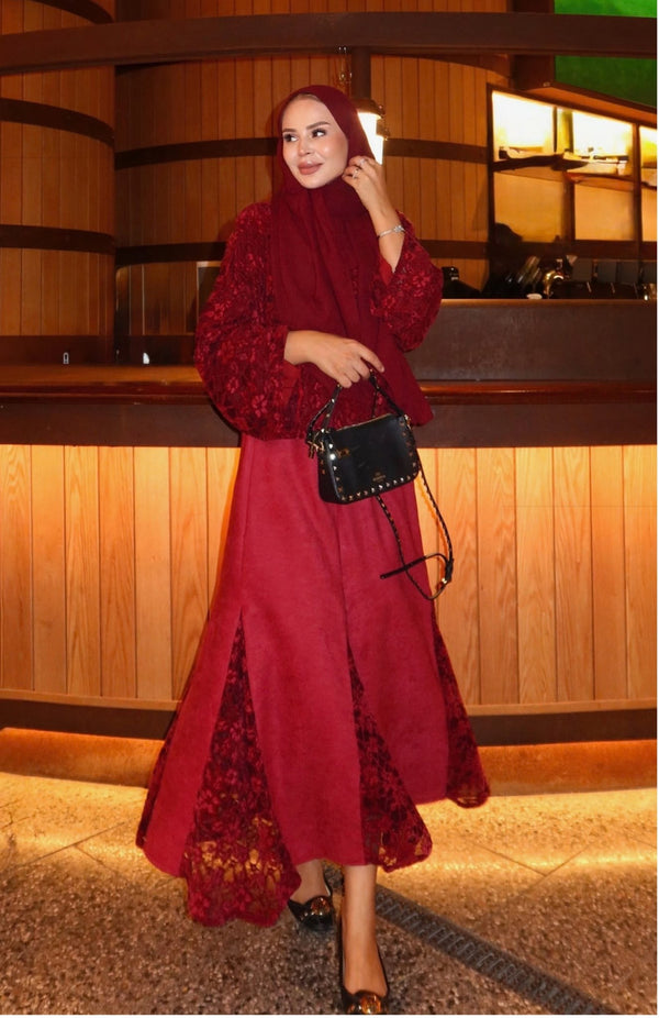 Velvet lace-detail top and maxi skirt set in Burgundy – hero